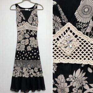 Cato Boho Floral Maxi Dress Black Crochet Empire Waist 6 Cottagecore Polka Dots